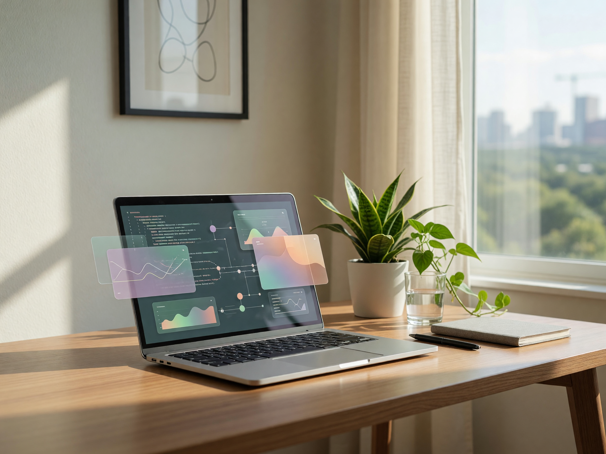 Modern office desk with a laptop displaying abstract AI interfaces beside plants and a bright window.